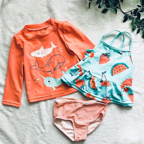 Simple Joys by Carter's Toddler 3-Pc Swimsuit Set 18M | Coral Aqua Rash Guard - Picture 1 of 14